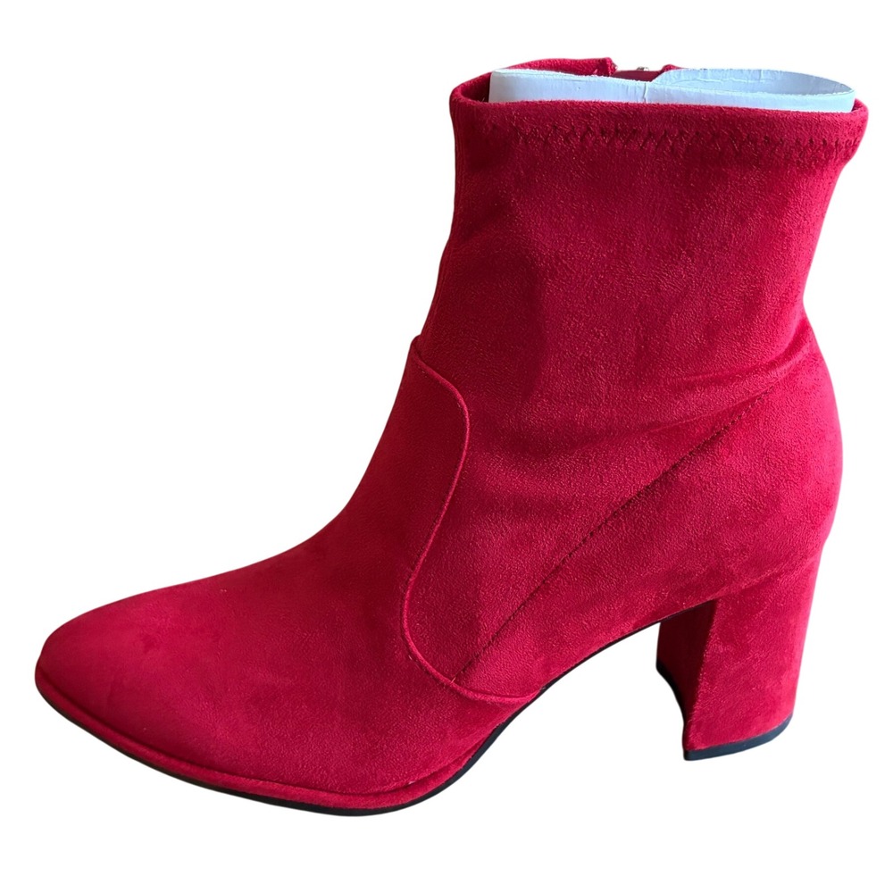 Marc Fisher Lizzy Red Faux Suede Pointed Toe Block Heel Ankle Boots Size 7.5